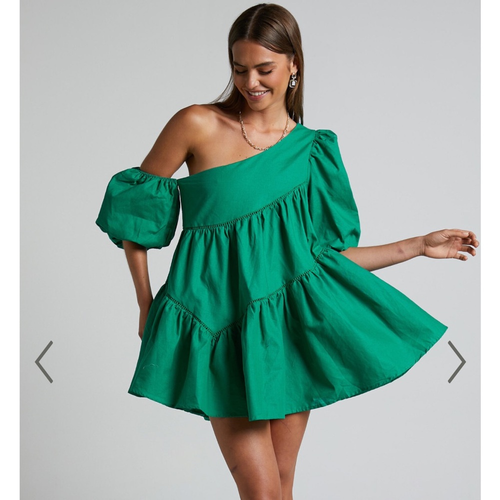 HARLEEN MINI DRESS - LINEN LOOK ASYMMETRICAL TRIM PUFF SLEEVE DRESS